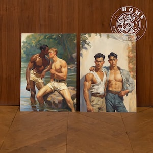 Pode incluir: Dois conjuntos de pinturas que retratam dois homens em cada conjunto. O primeiro conjunto mostra dois homens em um cen&aacute;rio de rio, um &eacute; negro e o outro &eacute; branco. O segundo conjunto mostra dois homens de p&eacute; juntos, ambos s&atilde;o brancos. As pinturas s&atilde;o emolduradas e t&ecirc;m um fundo branco.