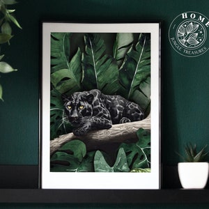 Impresión de pintura de leopardo negro, impresión digital de gato salvaje, cartel o postal de leopardo, arte de pared de animales de la selva botánica, regalo de cartel digital de jaguar