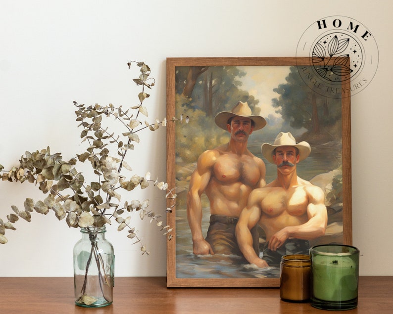 Vintage Male Body Art (set of 4, digital art), DIY muscle men posters or postcards, male queer and gay painting as perfect gift, LGBTQ art image 4