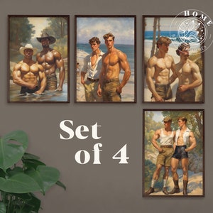 Vintage Male Body Art (Conjunto de 4, arte digital), carteles o postales de hombres musculosos DIY, pintura masculina queer y gay como regalo perfecto, arte LGBTQ