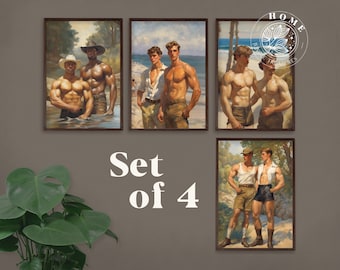 Vintage Male Body Art (Set of 4, digital art), DIY muscle men posters or postcards, male queer and gay painting as perfect gift, LGBTQ art