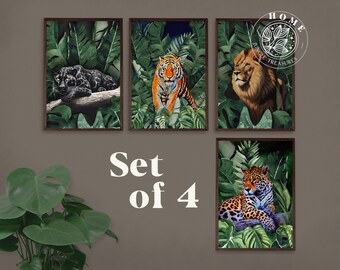 Printable posters "Wild Cats Quartet", set of 4 prints, urban jungle wall art gift for safari lover, jungle animal nursery or baby shower
