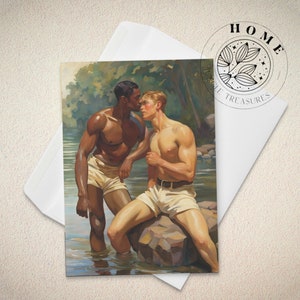 Men by the river greeting card, vintage muscular gay love postcard with envelope, male queer and gay art print as perfect gift, LGBTQ art