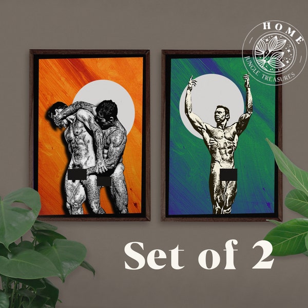 Modern male body art (Set of 2), nude male gay pride wall art, queer art print as perfect gay wedding gift, LGBT vintage queer poster