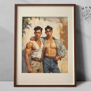 art corporel masculin musclé vintage « The Sunny Day », affiche d'hommes musclés comme art mural imprimable, carte postale queer et gay masculine en cadeau, art LGBTQ