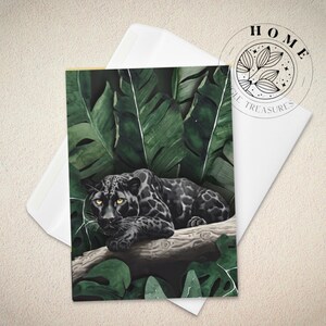 Cartão de felicitações de leopardo preto, cartão postal de arte da floresta tropical com envelope, presente perfeito para amigo gato grande ou fã felino, vibrações da selva da ilha
