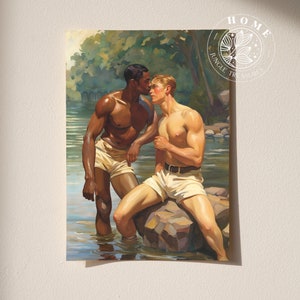 Poster &quot;The Kiss&quot;, vintage muscular male body art, muscle men poster print wall art, male queer and gay art print as perfect gift, LGBTQ art