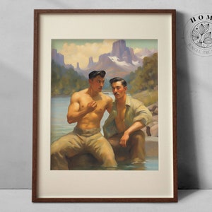 Vintage male art &quot;Break by the River&quot;, gay oil painting, muscle men poster as printable wall art or male queer and gay postcard, LGBTQ art