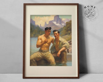 Vintage mannelijke kunst "Break by the River", homo olieverfschilderij, spiermannen poster als afdrukbare muurkunst of mannelijke queer en homo ansichtkaart, LGBTQ kunst
