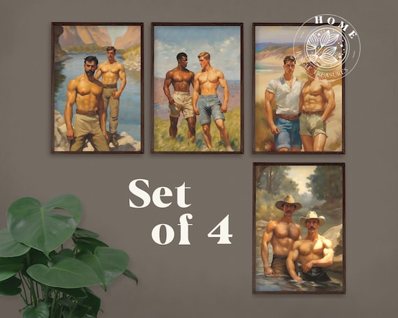 Vintage Male Body Art (set of 4, digital art), DIY muscle men posters or postcards, male queer and gay painting as perfect gift, LGBTQ art