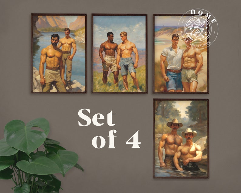 Vintage Male Body Art (set of 4, digital art), DIY muscle men posters or postcards, male queer and gay painting as perfect gift, LGBTQ art image 1