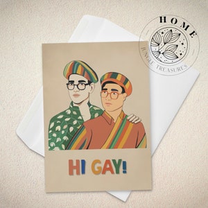 Hallo Gay wenskaart, leuke queer popart ansichtkaart met envelop, gay street art print, perfect coming out cadeau, LGBTQ en Pride kunst, hete kerel