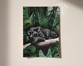 Poster "Black Leopard" print, wild cat painting, panther artwork for urban Boho jungle living, botanic animal wall art, jaguar poster gift