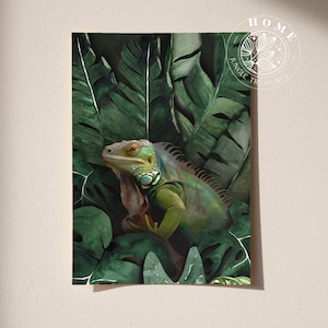 May include: A green iguana lizard with a yellow stripe on its head is partially hidden in lush green tropical foliage.