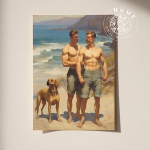Poster "Dog Walk", vintage muscular male body art, muscle men printed wall art, male queer and gay art print as perfect gift, LGBTQ art