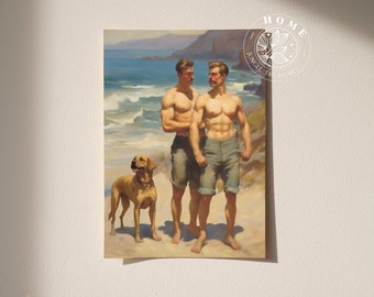 Poster "Dog Walk", vintage muscular male body art, muscle men printed wall art, male queer and gay art print as perfect gift, LGBTQ art