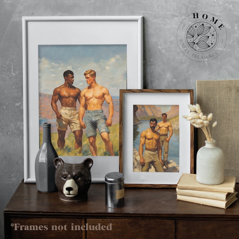 Vintage Male Body Art (set of 4, digital art), DIY muscle men posters or postcards, male queer and gay painting as perfect gift, LGBTQ art image 7