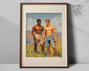 Imprima "The Hike" (arte digital), cuerpo masculino musculoso vintage, póster de bricolaje o postal para imprimir, arte de pared de hombres atractivos, gay queer LGBTQ