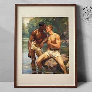 Vintage muscular male body art &quot;The Kiss&quot;, muscle men poster as printable wall art, male queer and gay art print as perfect gift, LGBTQ art