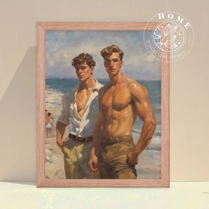 Men by the Beach wall art framed, Edwardian men oil painting, male love art as vintage gift, LGBTQ art, hot guy artwork as Pride decor