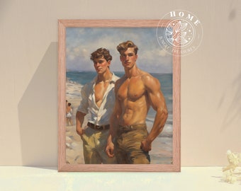 ビーチの男性の壁アート額装、エドワード朝の男性の油絵、ヴィンテージギフトとしての男性の愛のアート、LGBTQアート、プライドの装飾としてのホットな男性のアートワーク