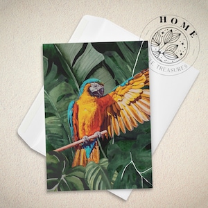 Tarjeta de felicitación de la selva tropical de guacamayos, postal de obras de arte tropical con sobre, perfecta para los amantes de las aves exóticas, vibraciones isleñas, tema de cumpleaños de la jungla