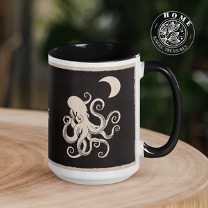 Black Octopus large coffee mug, 15oz ceramic cup, perfect birthday gift for kraken lover, fun and colorful mug with ocean popart original