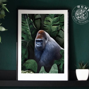 Silverback Gorilla pintura cartel o postal imprimible, impresión de arte tropical, decoración de la sala de estar de la selva Boho, regalo perfecto para los amantes de los animales