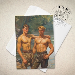 Tarjeta de felicitación Young Men by the River, postal vintage de cuerpo masculino con sobre, impresión de arte masculino queer y gay como regalo perfecto, amor LGBTQ