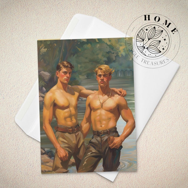 Young Men by the River greeting card, vintage male body postcard with envelope, male queer and gay art print as perfect gift, LGBTQ love