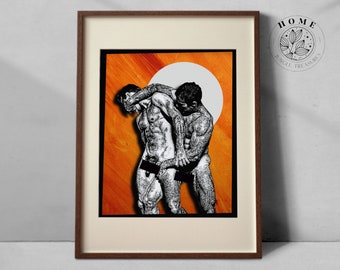 Arte corporal masculina colorida | Poster masculino nu como arte digital de parede | Impressão de arte queer masculina nua como presente de casamento gay | Arte LGBT e pôster queer