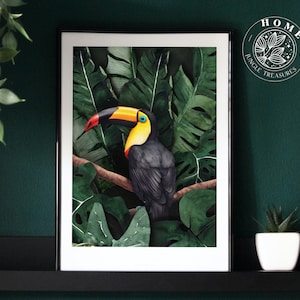 Pintura de tucán, póster o postal imprimible, impresión de arte de aves coloridas para la sala de estar de la jungla urbana, arte de pared de animales de la jungla para el amante del tucán