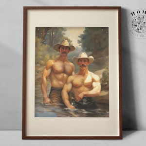 "Vintage Illustration ""Cowboys by the River"", 1910er Jahre Muskelmänner Poster als Wandkunst, männliches Queer und Gay Poster als perfektes Geschenk, LGBTQ Art."