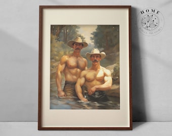 Arte vintage "Cowboys by the River", cartel de hombres musculosos de la década de 1910 como arte de pared imprimible, impresión de arte masculino queer y gay como regalo perfecto, arte LGBTQ