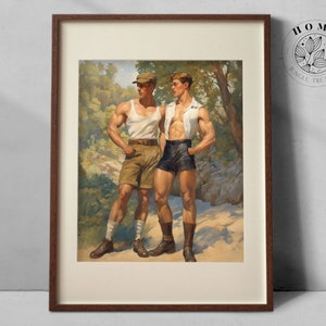 Vintage muscular male body art &quot;Scouting the Land&quot;, muscle men poster or postcard as printable, queer and gay art print, LGBTQ art