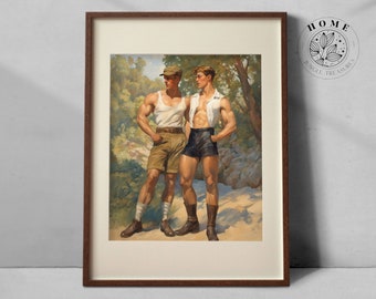 Vintage muscular male body art "Scouting the Land", muscle men poster or postcard as printable, queer and gay art print, LGBTQ art