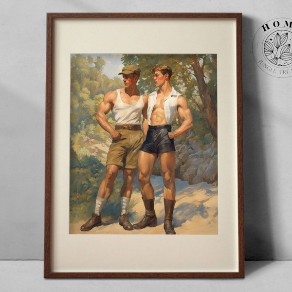 Vintage muscular male body art "Scouting the Land", muscle men poster or postcard as printable, queer and gay art print, LGBTQ art
