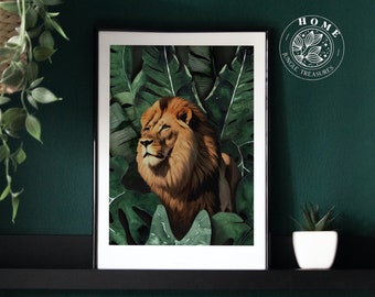 Leeuw in jungle decor artwork, tropische muur kunst print poster voor Boho woonkamer, perfect cadeau voor Leo verjaardag of jungle thema babyshower