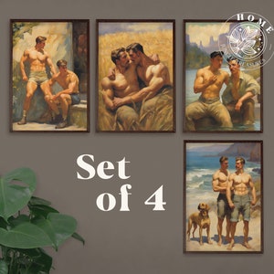 Vintage Male Body Art (Set of 4), muscle men poster as printable wall art or card, hot sexy men and gay painting as perfect gift, LGBTQ art