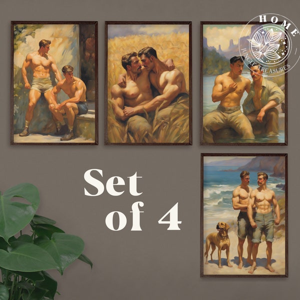 Vintage Male Body Art (Set of 4), muscle men poster as printable wall art or card, hot sexy men and gay painting as perfect gift, LGBTQ art