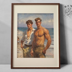 Vintage muscular male body art &quot;The Beach&quot;, muscle men poster as printable wall art, male queer and gay art print as perfect gift, LGBTQ art