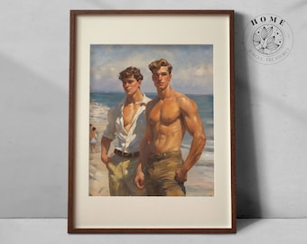 Vintage muscular male body art "The Beach", muscle men poster as printable wall art, male queer and gay art print as perfect gift, LGBTQ art