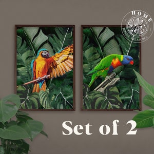Tropical Birds Printable Set of 2 Posters | Colorful parrot wall art | perfect gift for bird lover | Download printable jungle nursery art