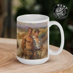 Young Men by the Beach coffee mug, 15oz large ceramic cup, perfect gift for gay friend or valentines gift, impressionist painting muscle men