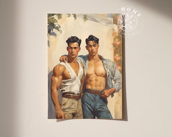 Poster "The Sunny Day", vintage male body art, muscle men painting, male queer and gay artwork as gift, LGBTQ art