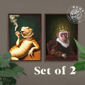 Puede incluir: Conjunto de dos impresiones de arte enmarcadas que representan a un lagarto fumando una pipa y un mono con una corona. Las impresiones tienen un estilo vintage y se titulan "Jungle Treasures".