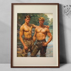 Vintage muscular male body art &quot;Young Men by the Creek&quot;, muscle men poster or postcard as printable, queer and gay art print, LGBTQ art