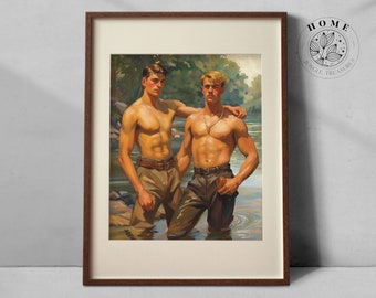 Vintage muscular male body art "Young Men by the Creek", muscle men poster or postcard as printable, queer and gay art print, LGBTQ art