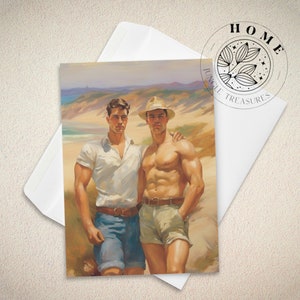 Day at the Beach greeting card, vintage muscular male body postcard with envelope, male queer and gay art print as perfect gift, LGBTQ art