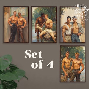 Vintage Male Body Art (Juego de 4), póster de hombres musculosos como arte o tarjeta de pared imprimible, pintura masculina queer y gay como regalo perfecto, arte LGBTQ